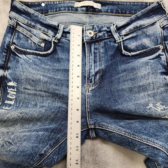 Zara Trafaluc denimwear Jeans Womens 8 Blue Distressed Graffiti Slim Leg Raw Hem - Picture 15 of 16